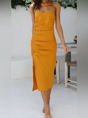Hello Molly Mustard Yellow Ruched Midi Slip Dress